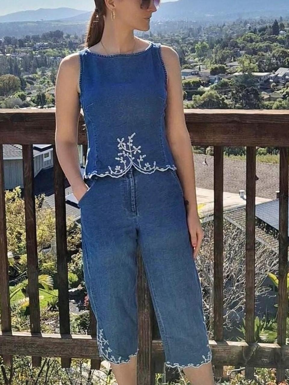 Vintage Blue Denim Embroidered Two-Piece Set Cottagecore